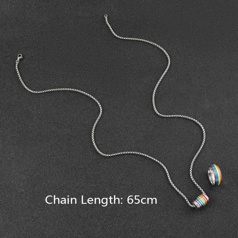 Fashion Rainbow Pride Jewelry Set for Men Women Stainless Steel Colorful Enamel Stripe Pendant Necklace Ring LGBT Gay Love Gift
