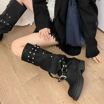 Women's Western Cowgirl Boots, Fashionable Autumn Knee-High Style, Punk-Inspired PU Leather with Studded Details, Long Black Botas Perfect for Women Seeking a Bold Look.
