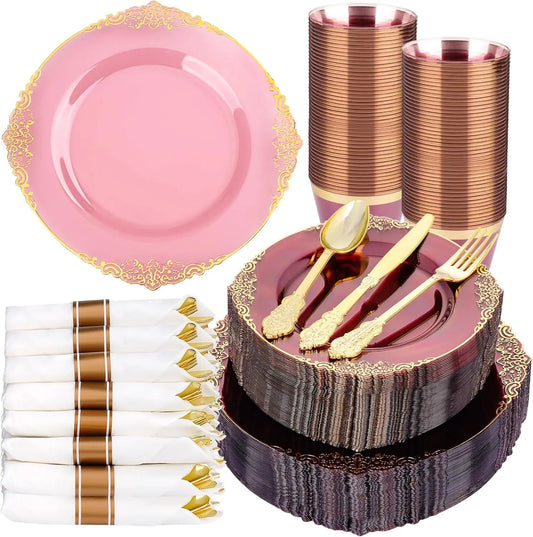 350 PCS Burgundy and Gold Plastic Plates, Disposable Dinnerware Set for 50 Guests, 100 Disposable Plates, 150 Silverwares