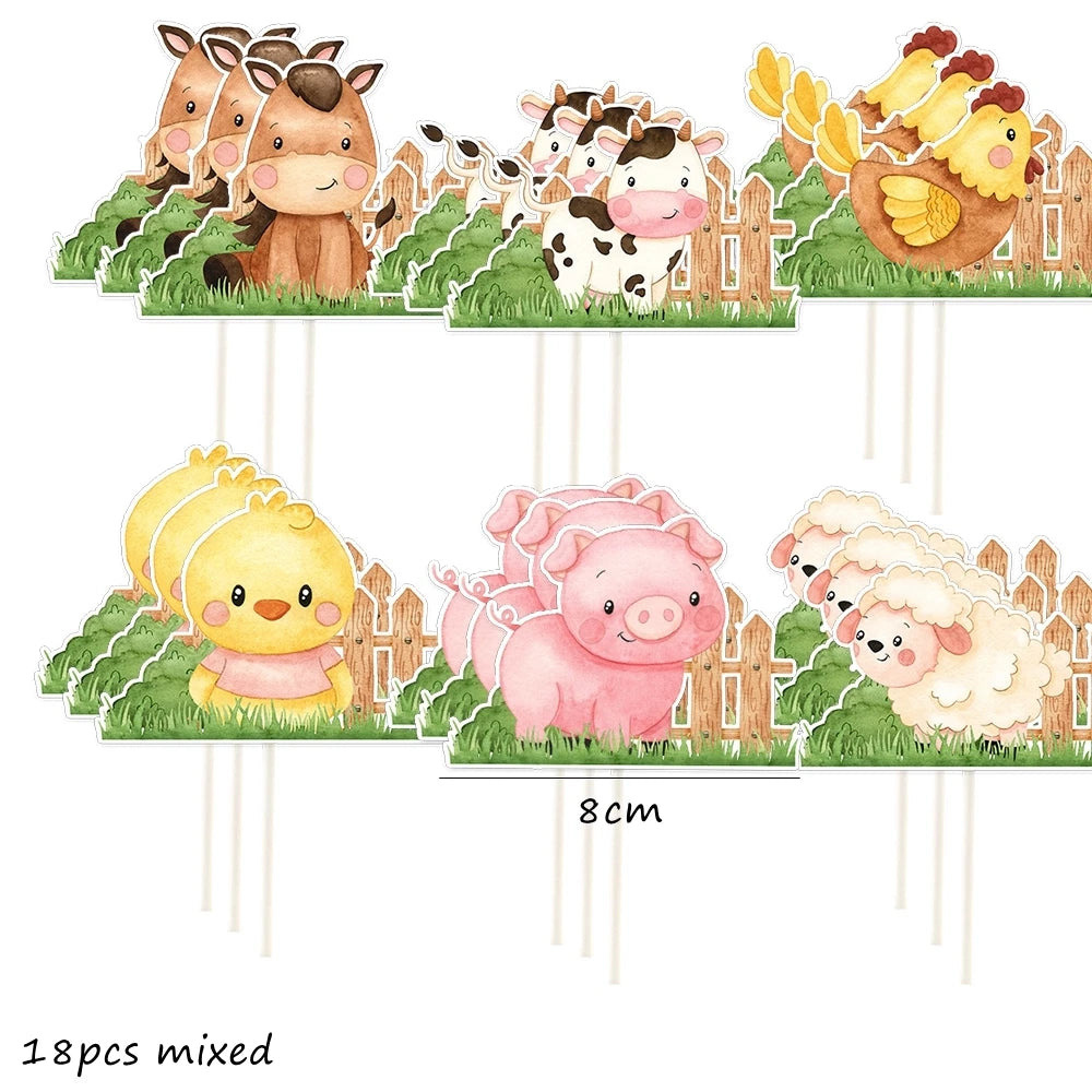 18pcs Carton Farm Animal Paper Cupcake Toppers for Kids Farm Themed Birthday Baby Shower Party Decoration DIY Cake Supplies