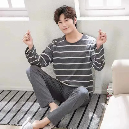 2PCS/Set Men's Pajamas Autumn Winter Long-Sleeved Fashion Soft Simple Casual Homewear Man Black Comfortable Striped Loungewear