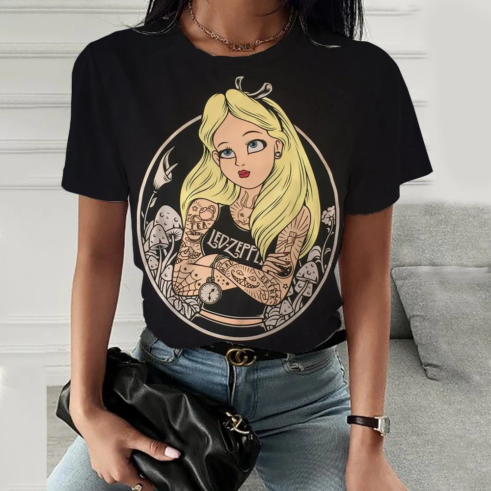 Disney Princess Cartoon Printed Women T-shirt  Short Sleeve Casual Round Neck