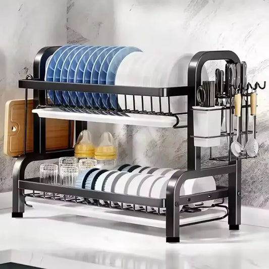 Dish Drying Rack 2-Tier Compact Kitchen Dish Rack Drainboard Set Large Rust-Proof Dish Drainer with Utensil Holder