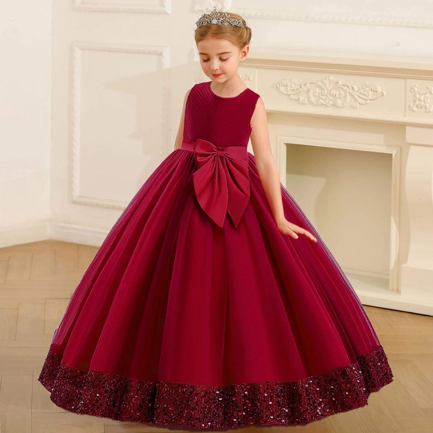 Girls Fluffy Sequin Bridesmaid Princess Elegant Bow Wedding Prom Evening Party Dresses