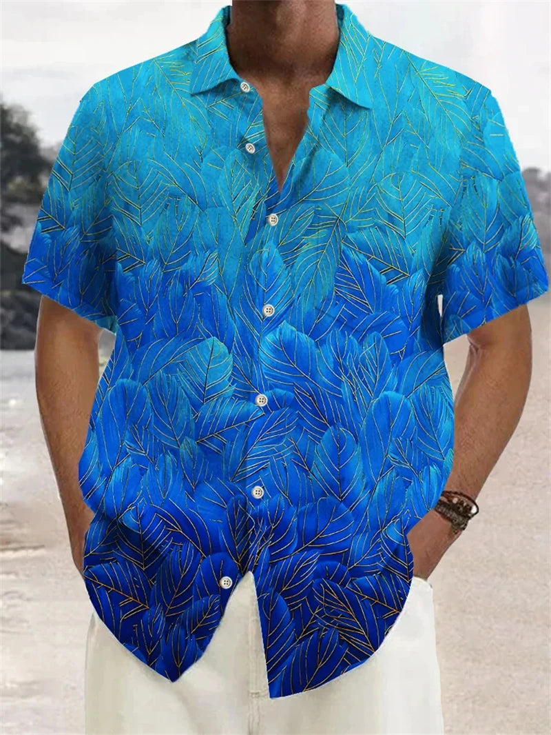 Men's 3D Print Colorful Feather Short Sleeve Turndown Hawaiian Button Up No Pockets Shirts