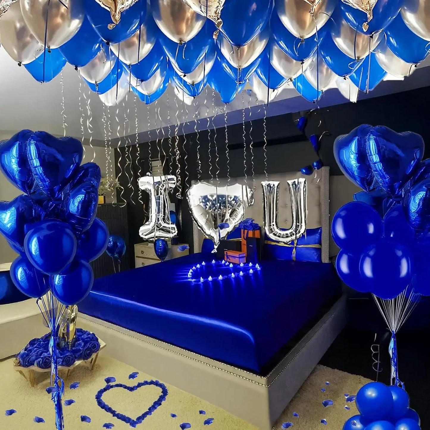 I Love You set Blue Sliver/red balloons kit Include Heart Shaped Balloons and Artificial Rose Petals Kit for Valentines Party