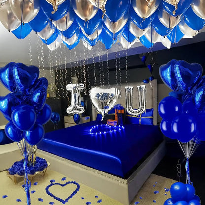 I Love You set Blue Sliver/red balloons kit Include Heart Shaped Balloons and Artificial Rose Petals Kit for Valentines Party
