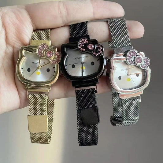 Anime Sanrio Hello Kitty Diamond Watch Kt Cat Kawaii Pink Ladies Gold Sliver Metal Jewelry Cartoon Magnetic Watch Birthday Gifts