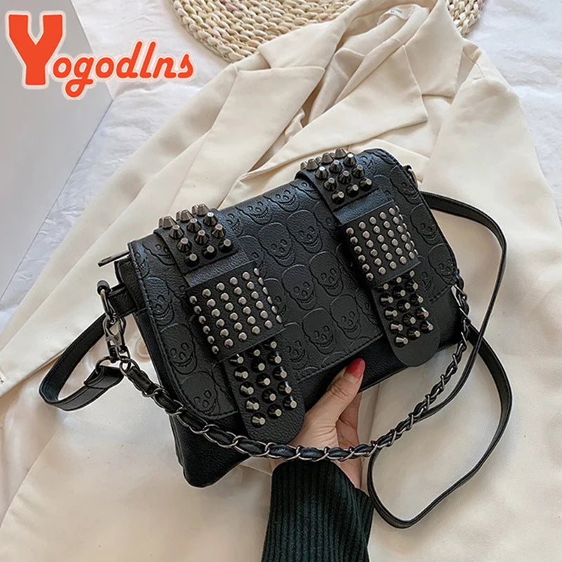 Black Leather Messenger Fashion Vintage Messenger Cool Skull Rivets Shoulder Bag