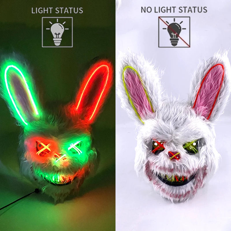 LED Glowing Cosplay Bloody Rabbit Mask Halloween Scary Killer Bloody Bunny Bear Headgear Carnival Masquerade Horror Costume Prop
