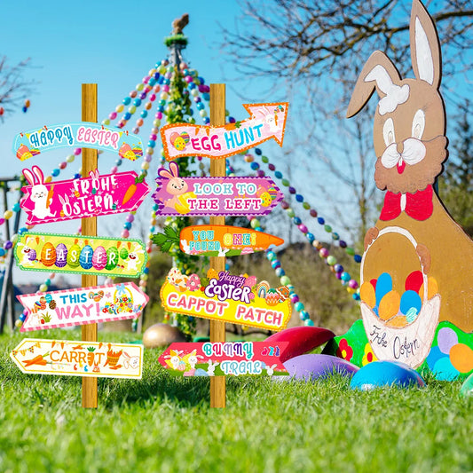 10pcs Easter Decorations Outdoor Yard Signs Lawn wooden pile direction paper sign with Bunny Eggs Happy easter home Garden Decor