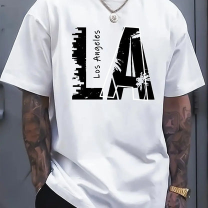 Men's summer 100 cotton fashionable casual loose plus size Los Angeles letter printed sports round neck short sleeved T-shirt