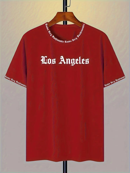 Men's Oversized Los Angeles Letter Print T-Shirt Polyester Summer Breathable Fabric Stylish Minimalist Short-Sleeve Design