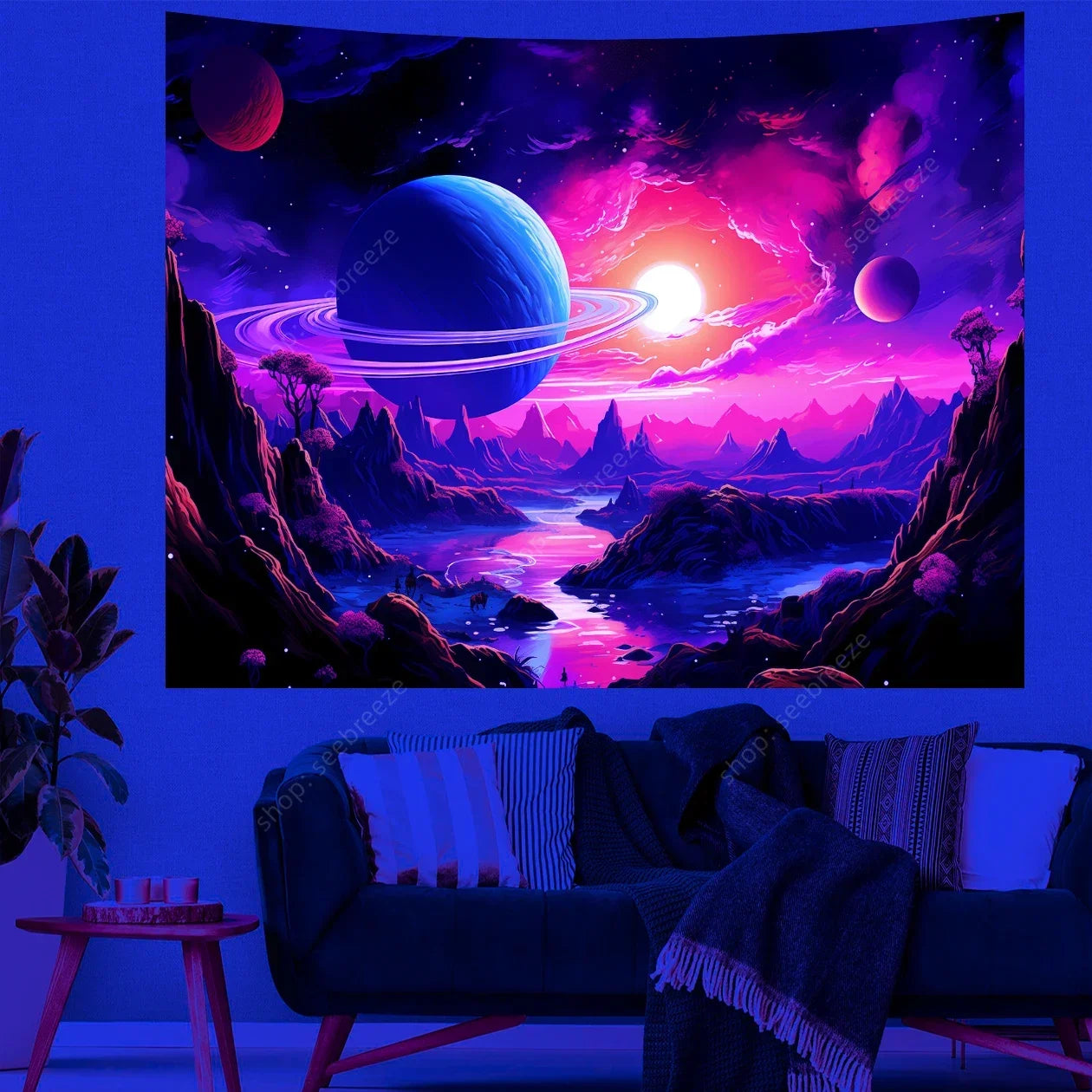 Galaxy Space Landscape UV Reactive Tapestry Trippy Planet Mountain River Neon Art Wall Tapestries for Bedroom Dorm Party Decor