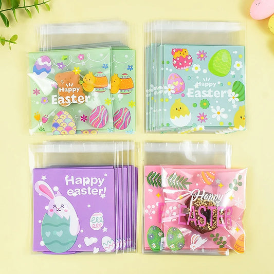 50/100pcs Easter Candy Cookie Bag Cute Bunny Eggs Gift Snack Packaging Bags Happy Easter Party Decoration Supplies Kids Favors