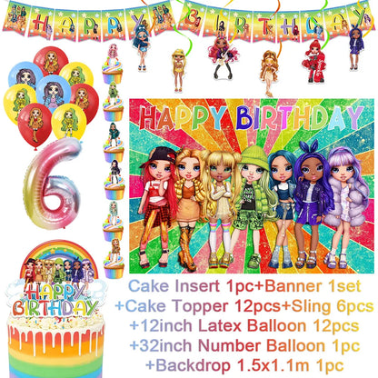 Cartoon Rainbow Doll High School Theme Background Birthday Party Decoration Supplies Disposable Cup Cutlery Balloon Baby Gift