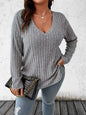 Plus Size 1XL-5XL  Women's Casual Fashion V Neck Long Sleeve T-Shirt  LadiesWomen's Plus Size Solid Ribbed T-Shirt Clothing