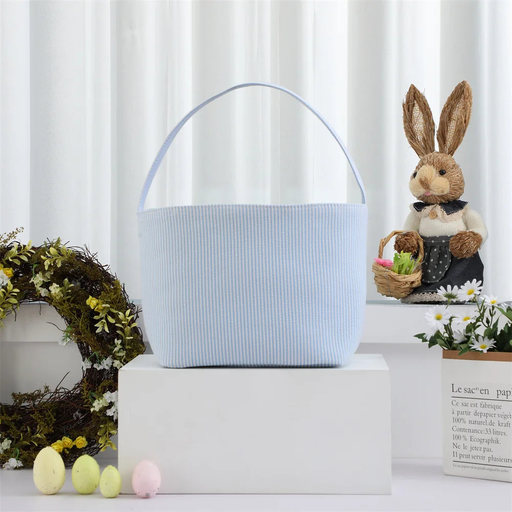 Seersucker Easter Basket Halloween Stripped Bucket Kids Boys Girls Egg Hunt Carrying Gift Tote Bag Toys Party Decoration