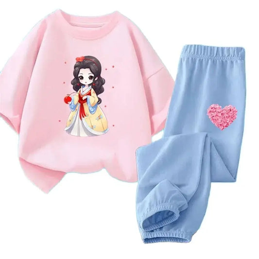 Teens Girls' 2-Piece Fashion Outfit: Princess Short Sleeve T-Shirt and Long Pants Tracksuit Set