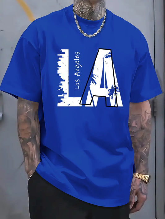 Men's summer 100 cotton fashionable casual loose plus size Los Angeles letter printed sports round neck short sleeved T-shirt