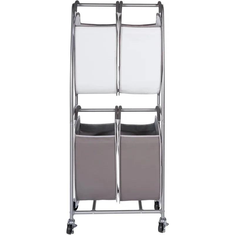 2 Tier Vertical Rolling Laundry Cart - Rolling Storage Cart On Wheels With 4 x Tote Hampers