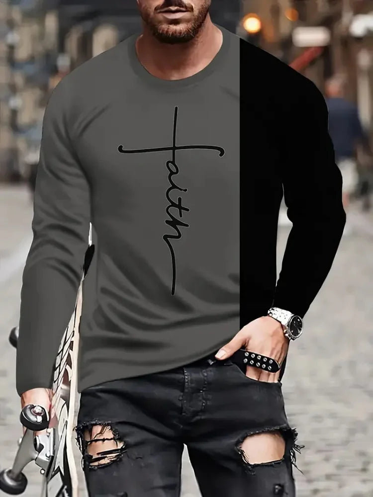 Fashion Trend Men's Crew-neck Long Sleeves Cross 3D Printed Men's Casual Pullover T-shirt Casual All-match Men's Top S-5XL