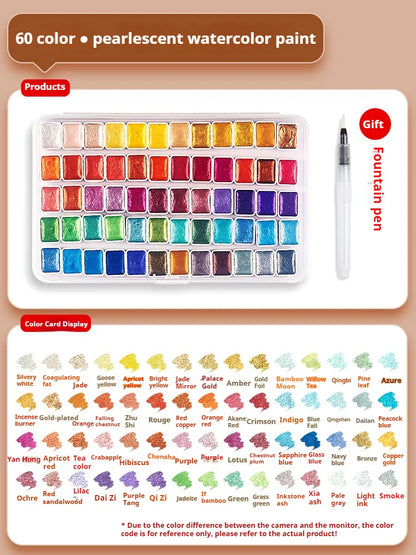 12/20/24/60 Color Solid Watercolor Paint Set -Metallic Glitter Pearlescent Pigments
