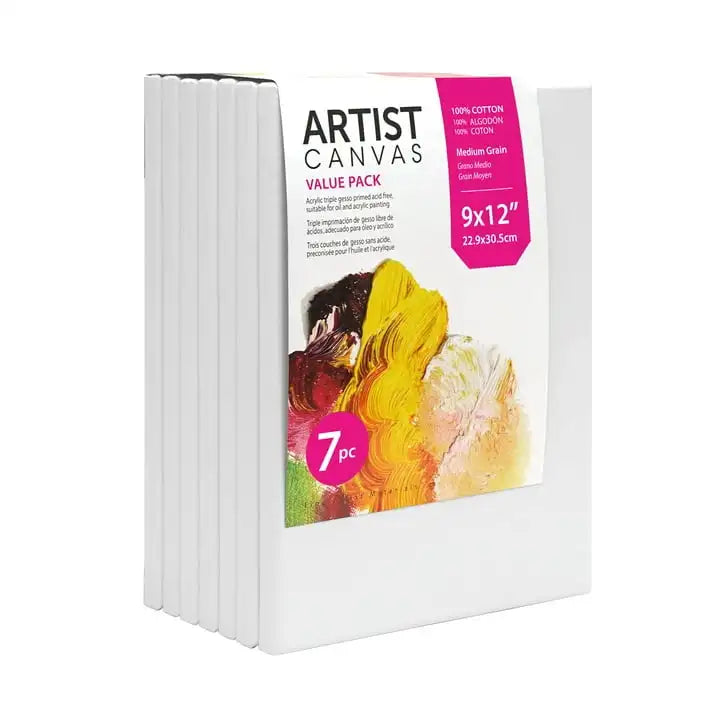 Studio Stretched Canvas, 9"X12", 7 Pack, 100% Cotton Acid Free, White, Academic Canvas, For All Skill Levels