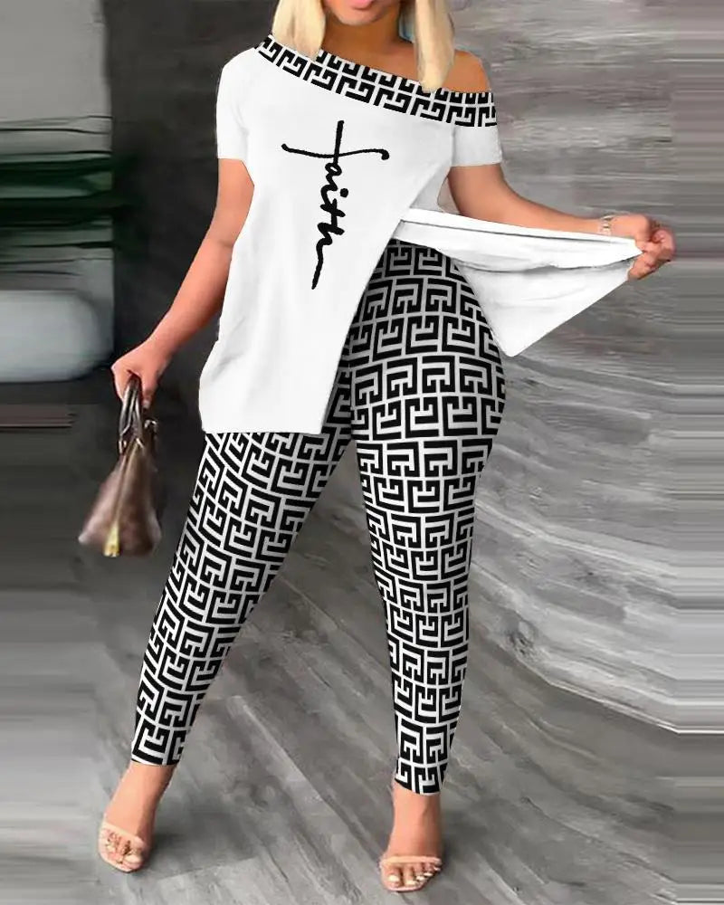 Women's Elegant Short-Sleeved Irregular Fashion Two-Piece Pants Suit Set