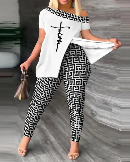Women's Elegant Short-Sleeved Irregular Fashion Two-Piece Pants Suit Set