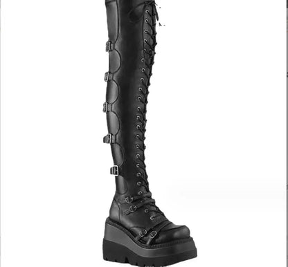 Fashion High Boots Women Platform Wedges Motorcycle Boot Over The Knee Army Stripper Heels Black Lace-up Belt Buckle Long Boots