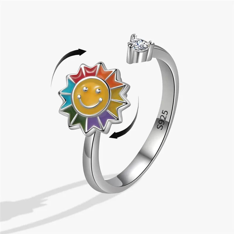 Fashion Beads Anxiety Fidget Spinner Rings Korea Crystal Butterfly Flower Star Moon Ring Anti Stress Jewelry Gift