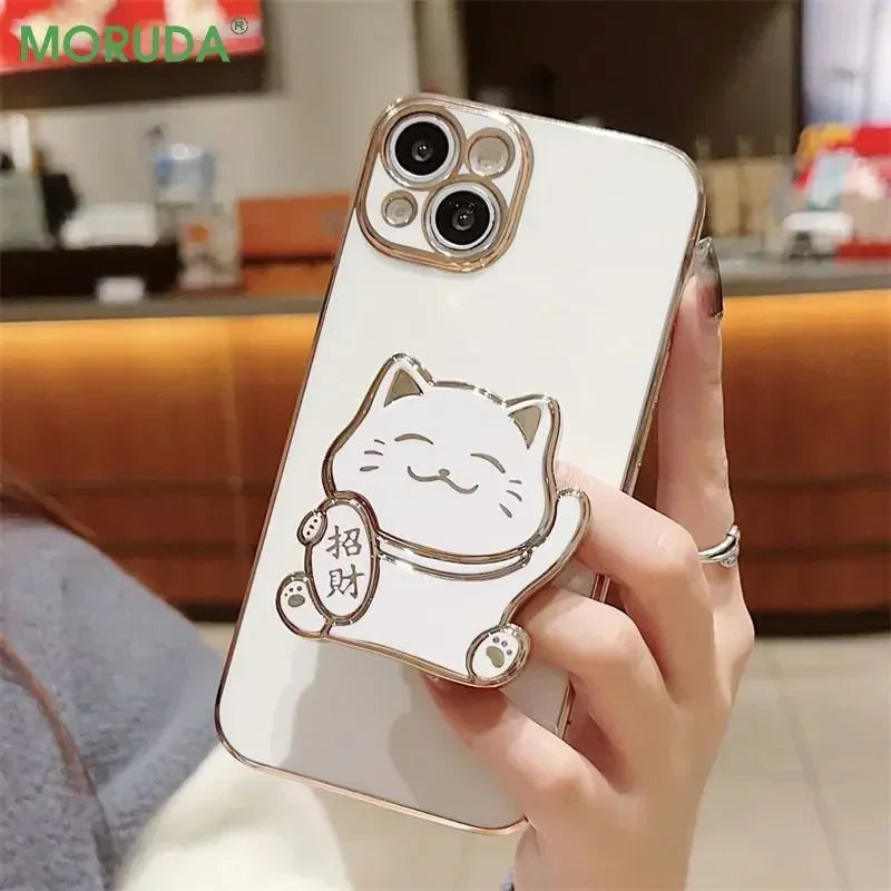 Lucky Cat Folding Stand Silicone Phone Case for iPhone 16 15 14 Pro Max 13 12  Plus XR  Max 11 Luxury Plating Case