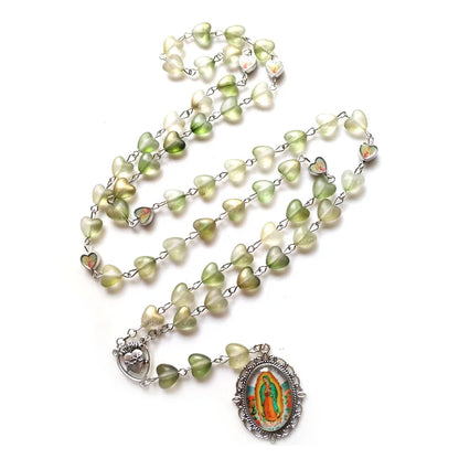 QIGO Acrylic Heart Rosary Long Glass Sacred of Mary Pendant Necklace For Women Religious Jewelry