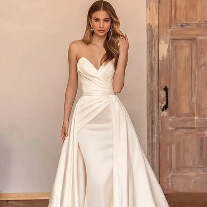 Customized 2 In 1 Detachable Train Wedding Dress Satin Sleeveless Simple Mermaid Princess Bride Gowns Vestido De Noiva