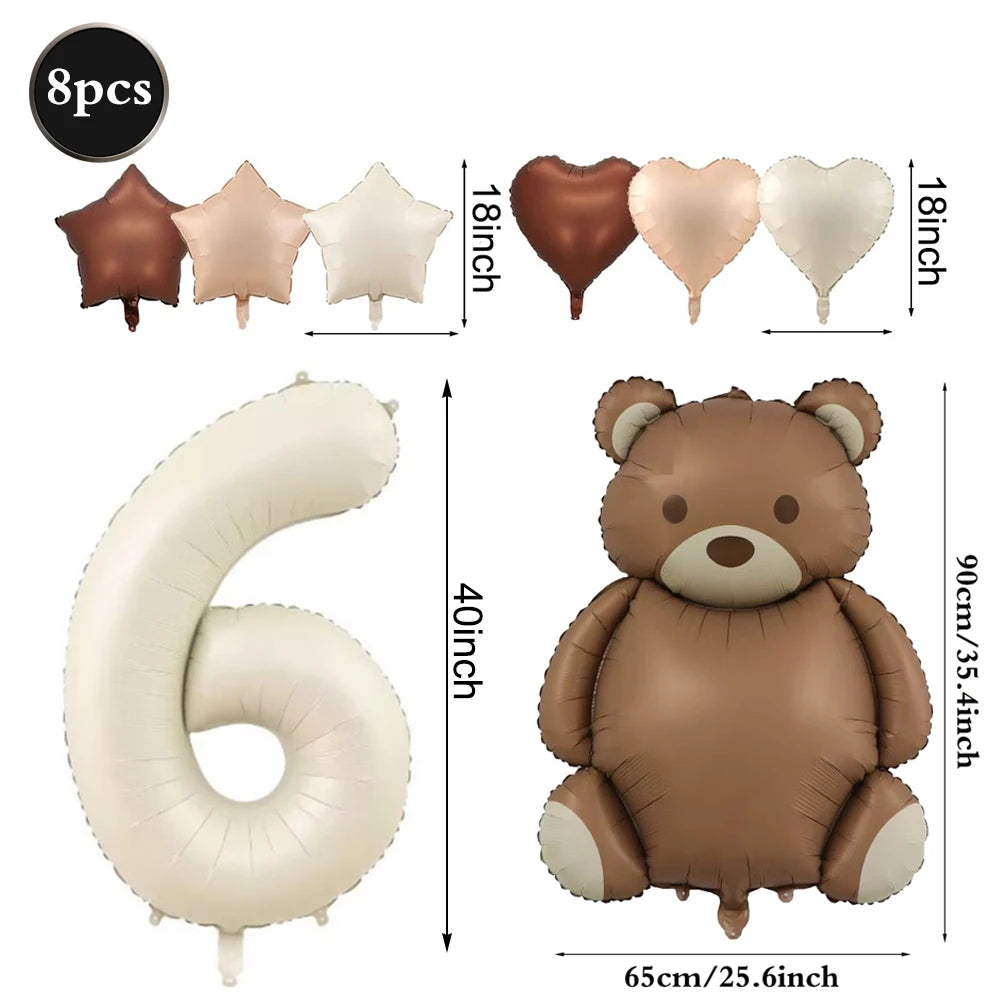 Cute Teddy Bear Party Birthday Number Balloons Large Retro Brown Bear Foil Balloon Set 8 pcs Baby Shower Birthday Party Decor