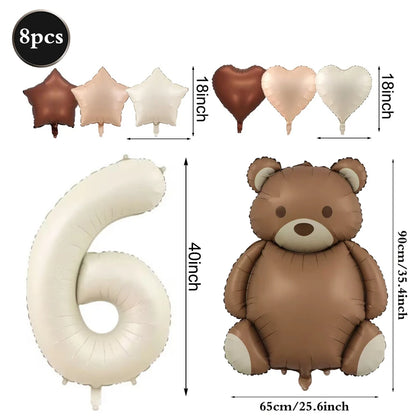 Cute Teddy Bear Party Birthday Number Balloons Large Retro Brown Bear Foil Balloon Set 8 pcs Baby Shower Birthday Party Decor