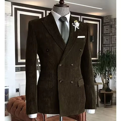 Men’s Slim‑Fit Corduroy Double‑Breasted Suit Set
