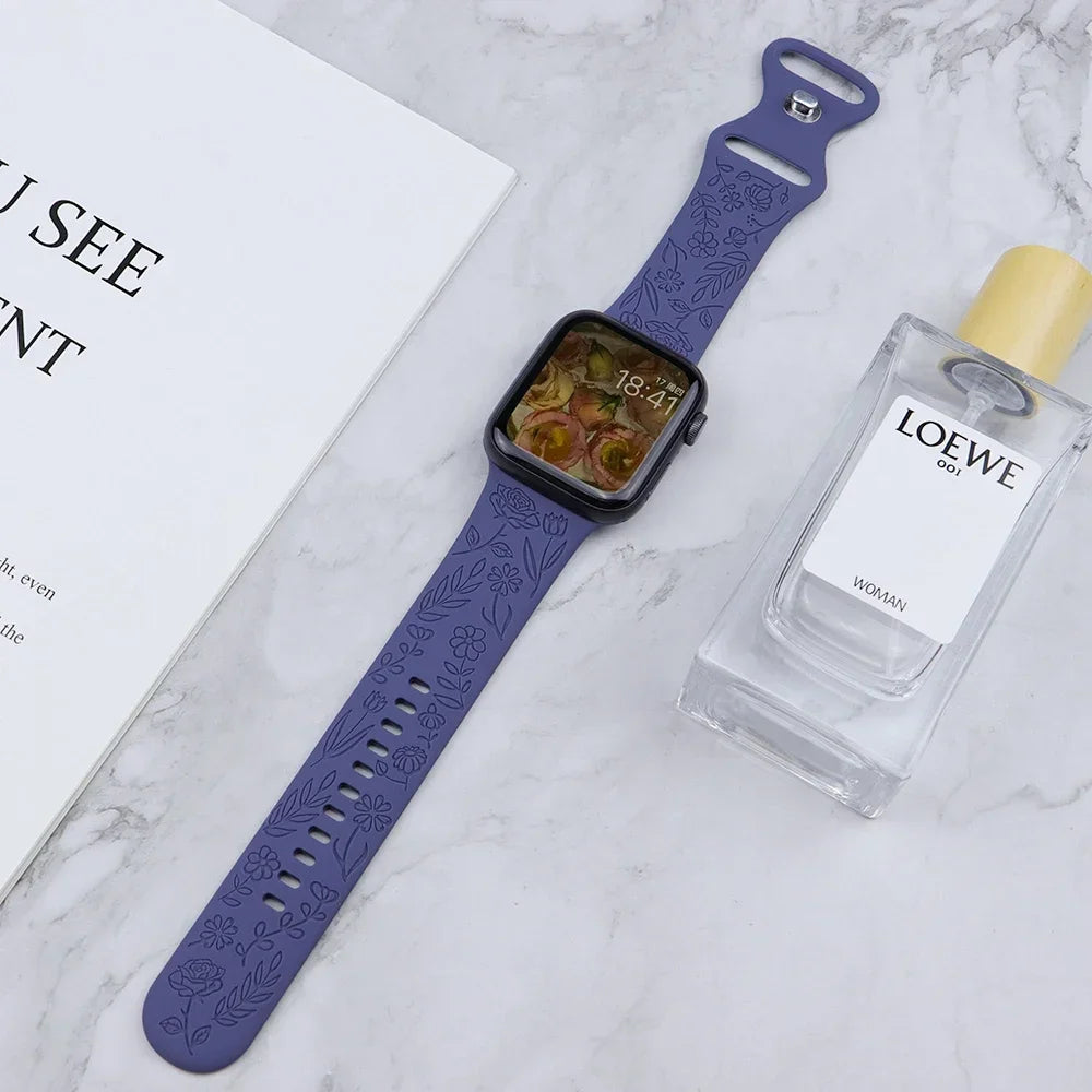 Engraved Strap for Apple Watch Ultra Band 2 49mm 45mm 44MM 38 40mm 41mm Floral Bracelet Fashion IWatch Series 9/8/7/6/5/4/3/se