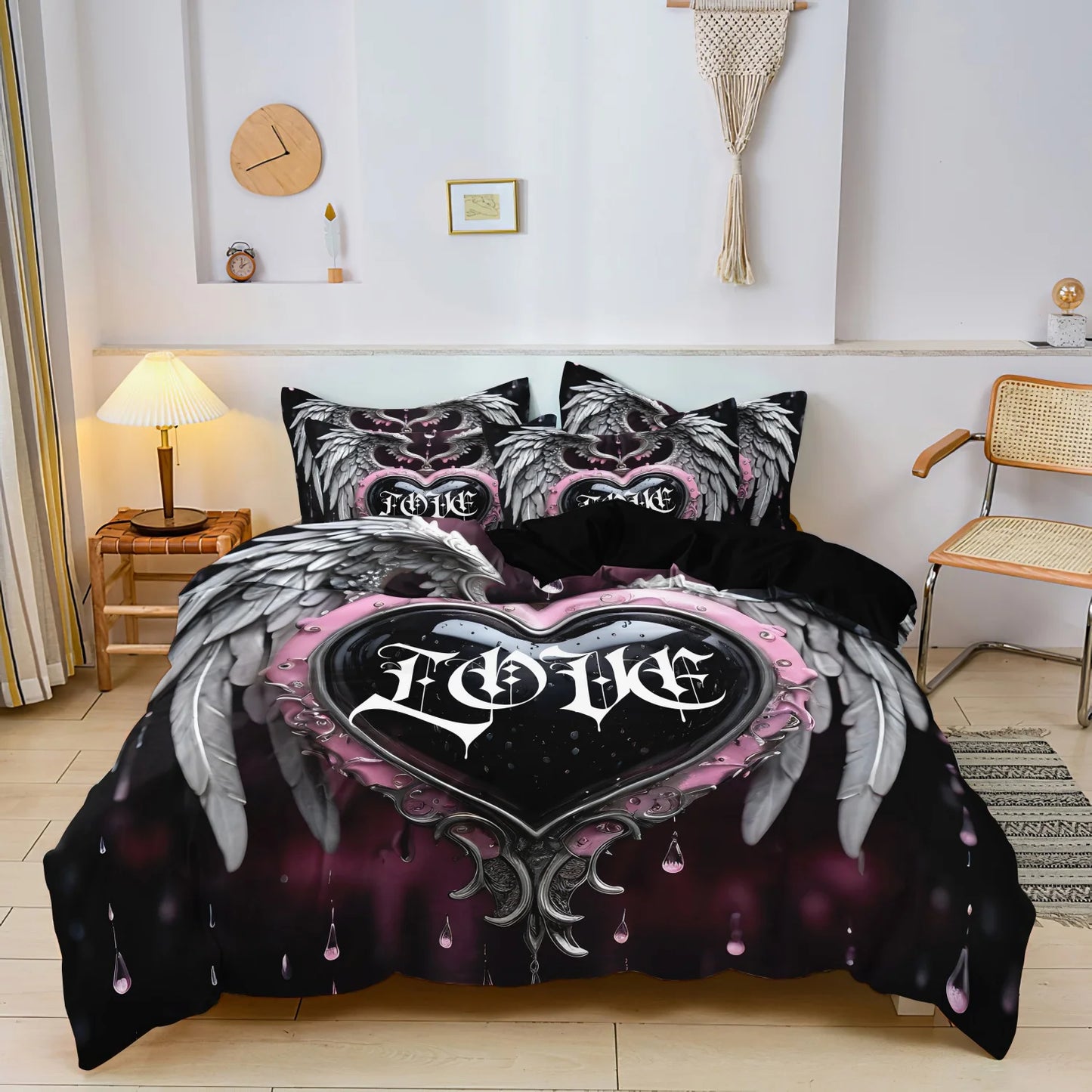 3pcs Set Valentine'S Day Gothic Heart Couple Wings Print Duvet Cover Set, King And Queen Style Bedding Set, Birthday Gift