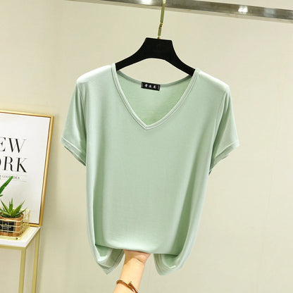 Summer women Modal V-Neck Tshirt Thin Bottoming T-shirts Plus size Loose tee tops Streetwear Basic Top