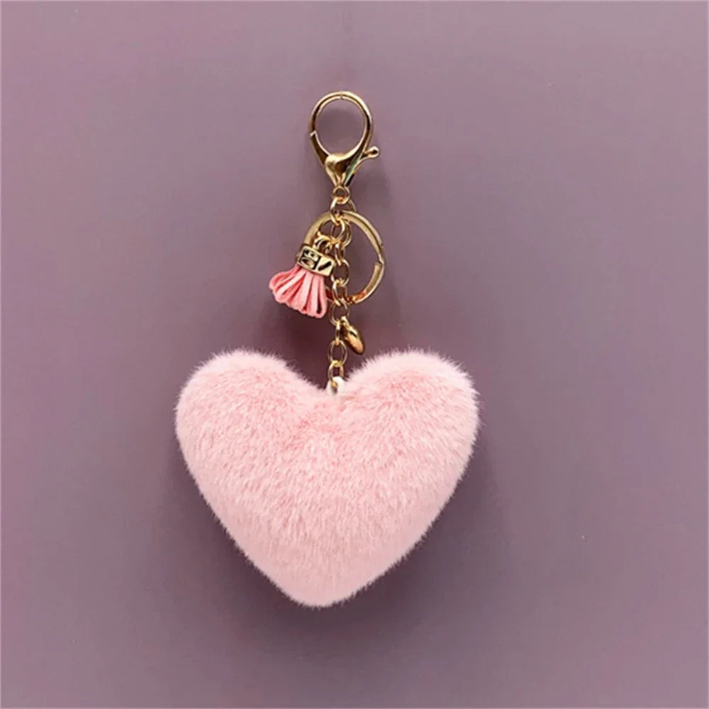 Rainbow Heart Pompom Keychain – Colorful Plush Ball Tassel Bag Charm for Women