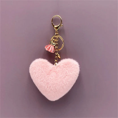 Rainbow Heart Pompom Keychain – Colorful Plush Ball Tassel Bag Charm for Women