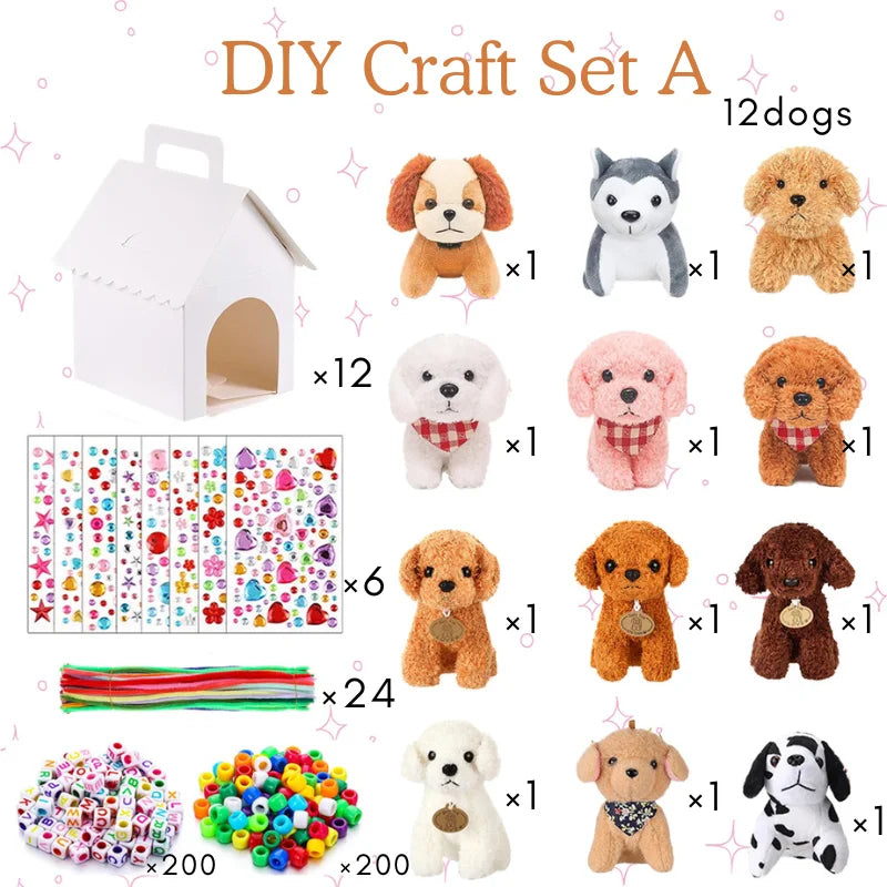 12–36 Sets DIY Adopt‑A‑Puppy Party Favors – Make Your Own Stuffed Animal Kit with Doghouse, Bead Pets & Necklace