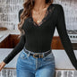 Womens Lace Edge Deep V-neck Long Sleeve Slim Mid-length Base Bodysuit