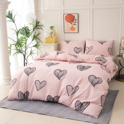 Pink Patterned Printed Duvet Cover Three-Piece Set (2 Pillowcases + 1 Duvet Cover) Polyester Reactive Printed Bedspread 3-Piece Set Ultra-Soft and Comfortable Polyester Breathable Bedding Duvet Set Suitable for Bedrooms and G