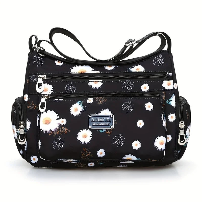 Floral Print Crossbody Bag, Trendy Nylon Shoulder Bag, Women's Multi Layer Messenger Bag For Travel