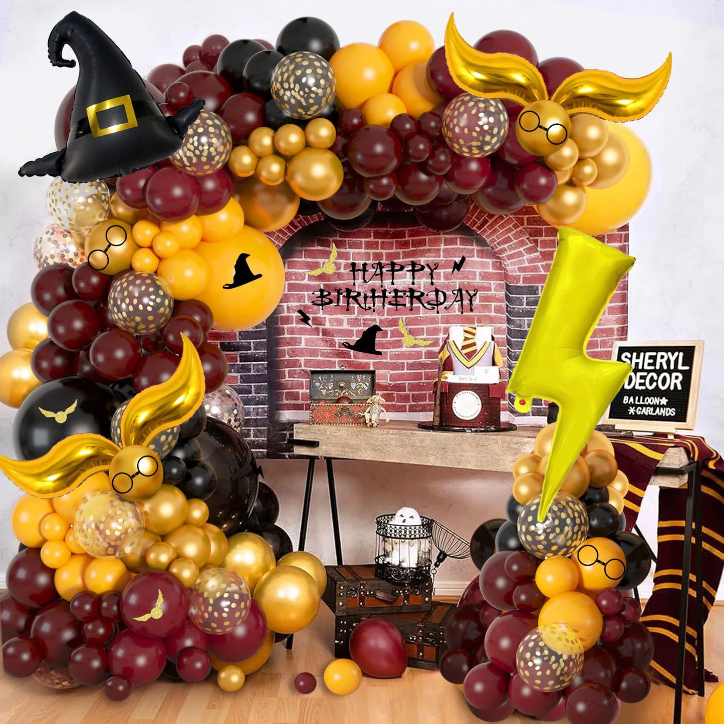 Magical Wizard School Balloons Garland Arch Kit Burgundy Black Gold Snitch Wizard Hat for Halloween Magic Themed Birthday Party