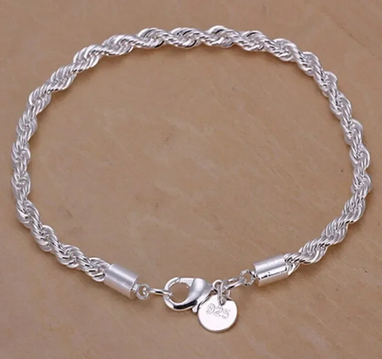 925 Sterling Silver 4MM Twisted Rope Chain Bracelets