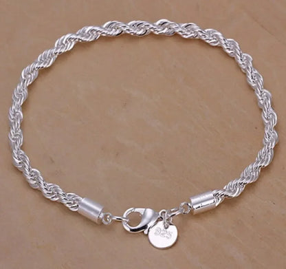 925 Sterling Silver 4MM Twisted Rope Chain Bracelets